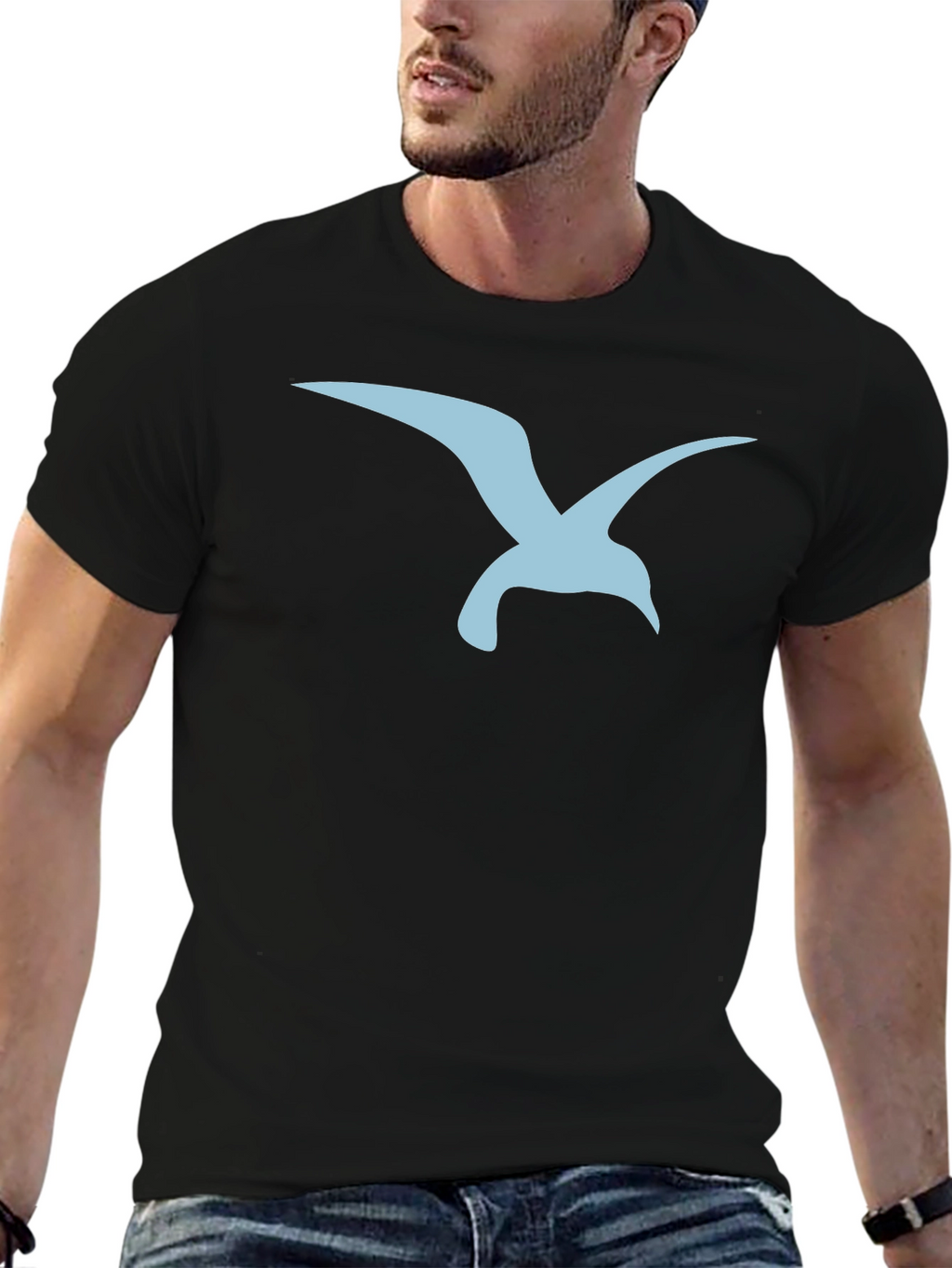 Mens Black T-Shirt with Blue Seagull Graphic