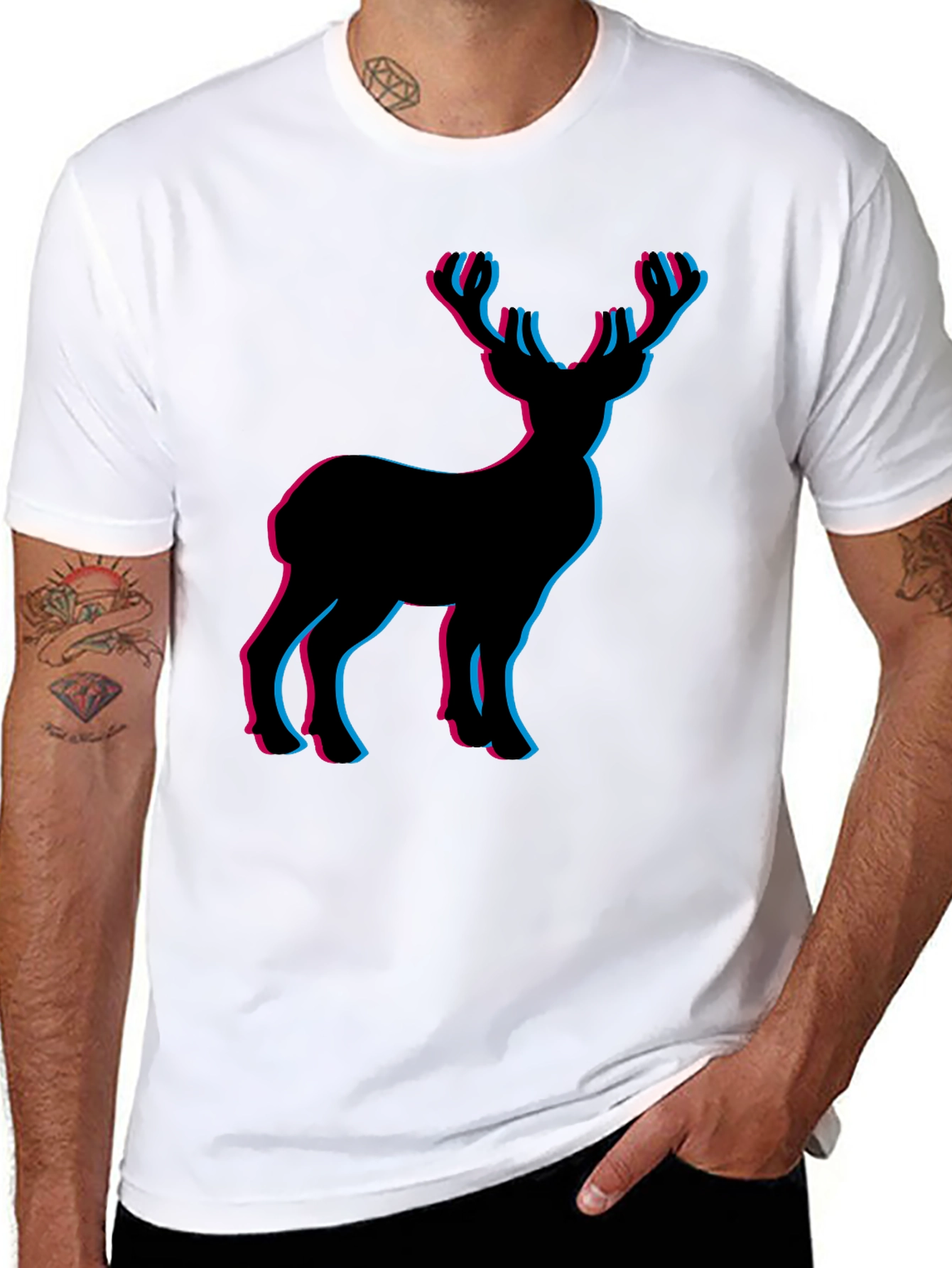3D Deer Graphic Tee - Black Cotton T-Shirt