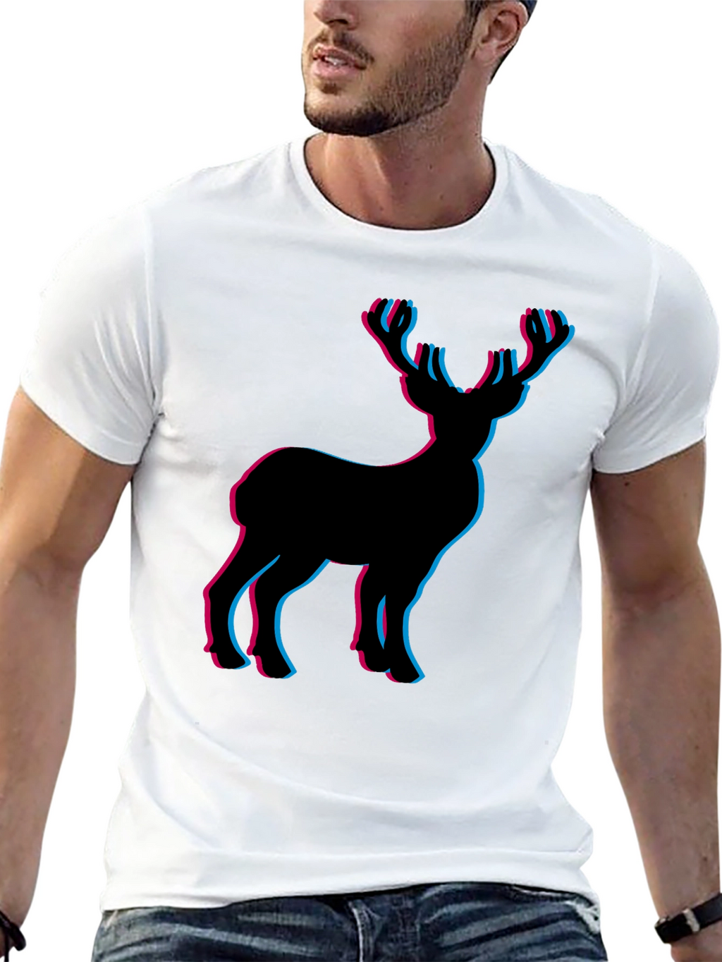 3D Deer Graphic Tee - Black Cotton T-Shirt