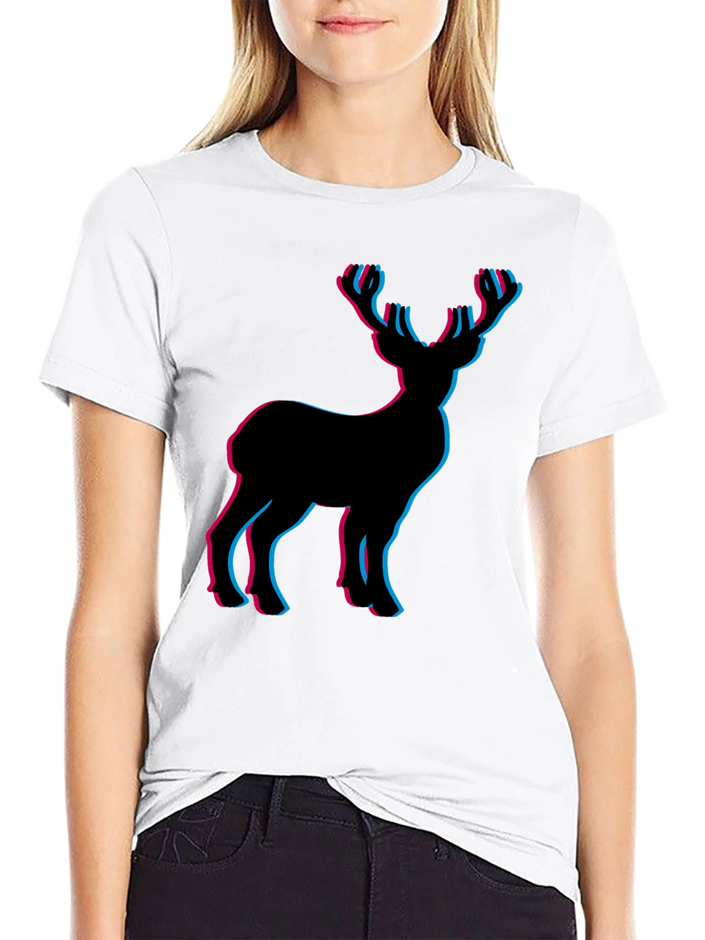 3D Deer Graphic Tee - Black Cotton T-Shirt