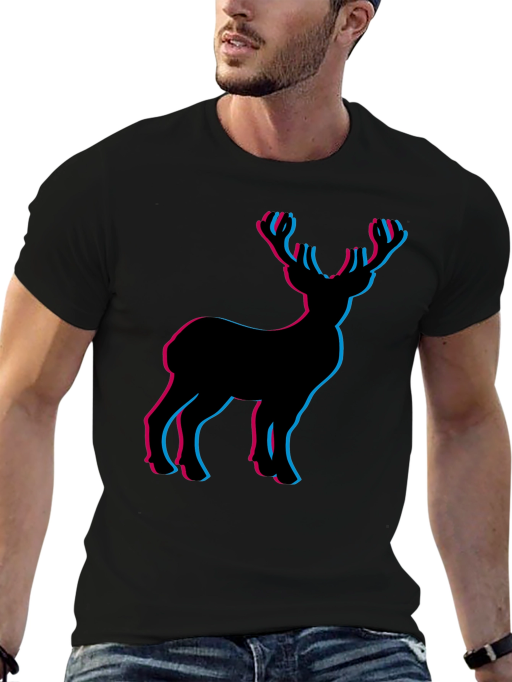 3D Deer Graphic Tee - Black Cotton T-Shirt