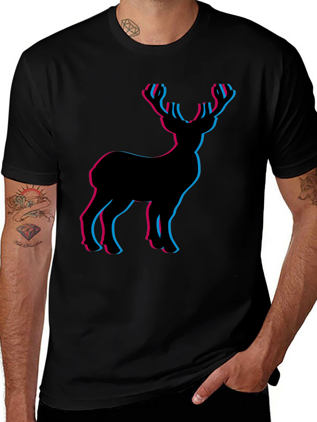 3D Deer Graphic Tee - Black Cotton T-Shirt