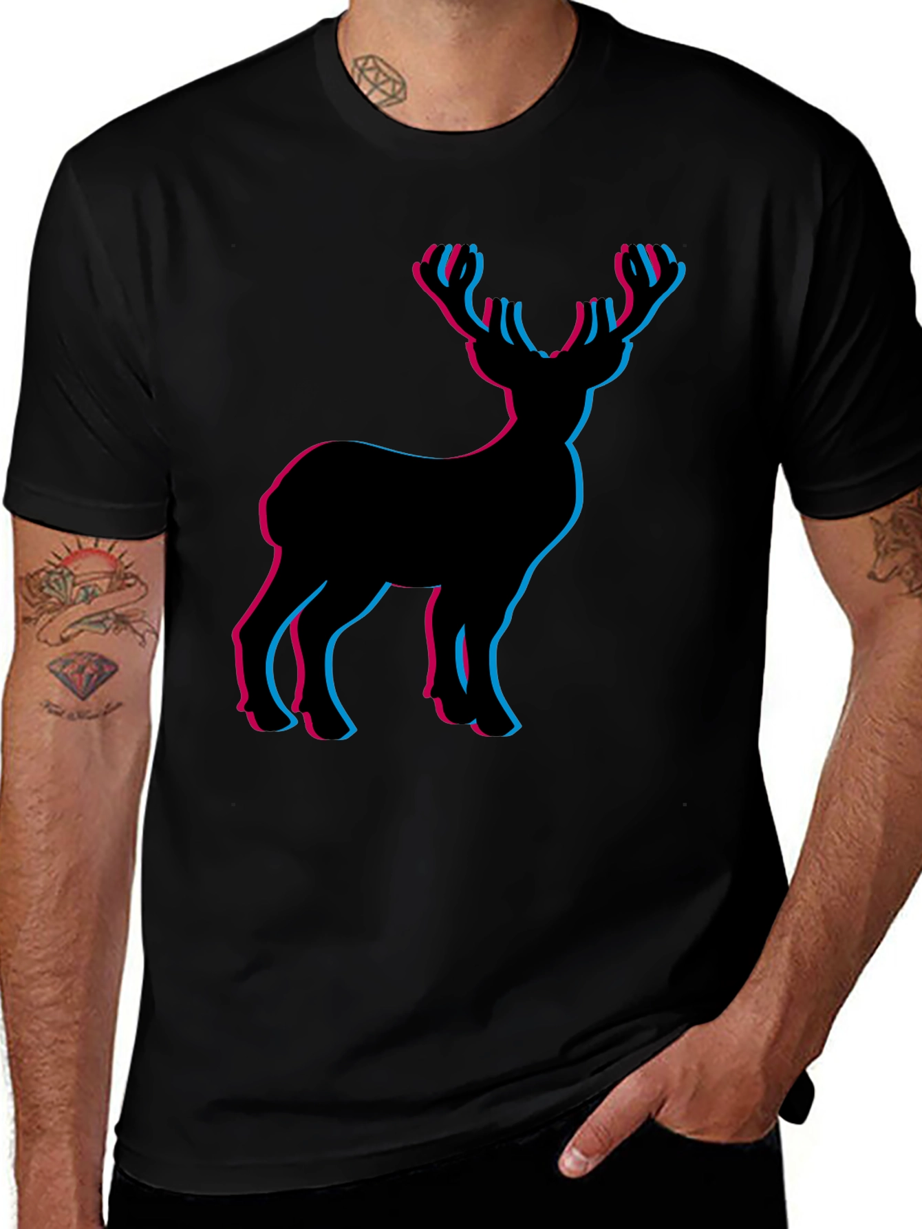 3D Deer Graphic Tee - Black Cotton T-Shirt