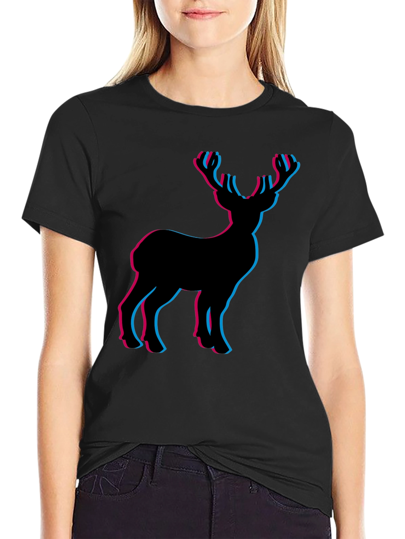 3D Deer Graphic Tee - Black Cotton T-Shirt
