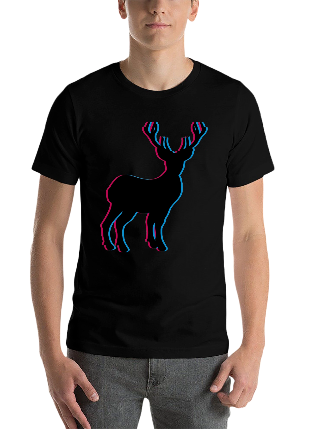 3D Deer Graphic Tee - Black Cotton T-Shirt