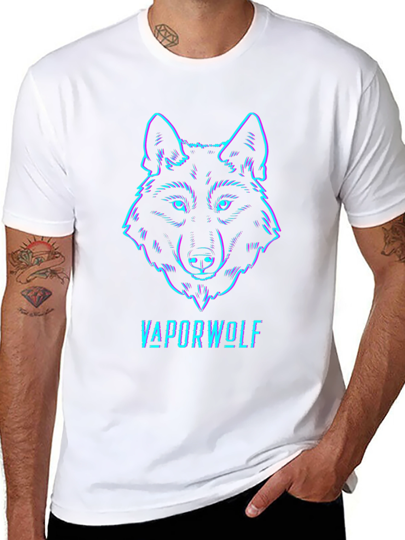 Vaporwave Wolf Graphic Tee - Black Cotton T-Shirt