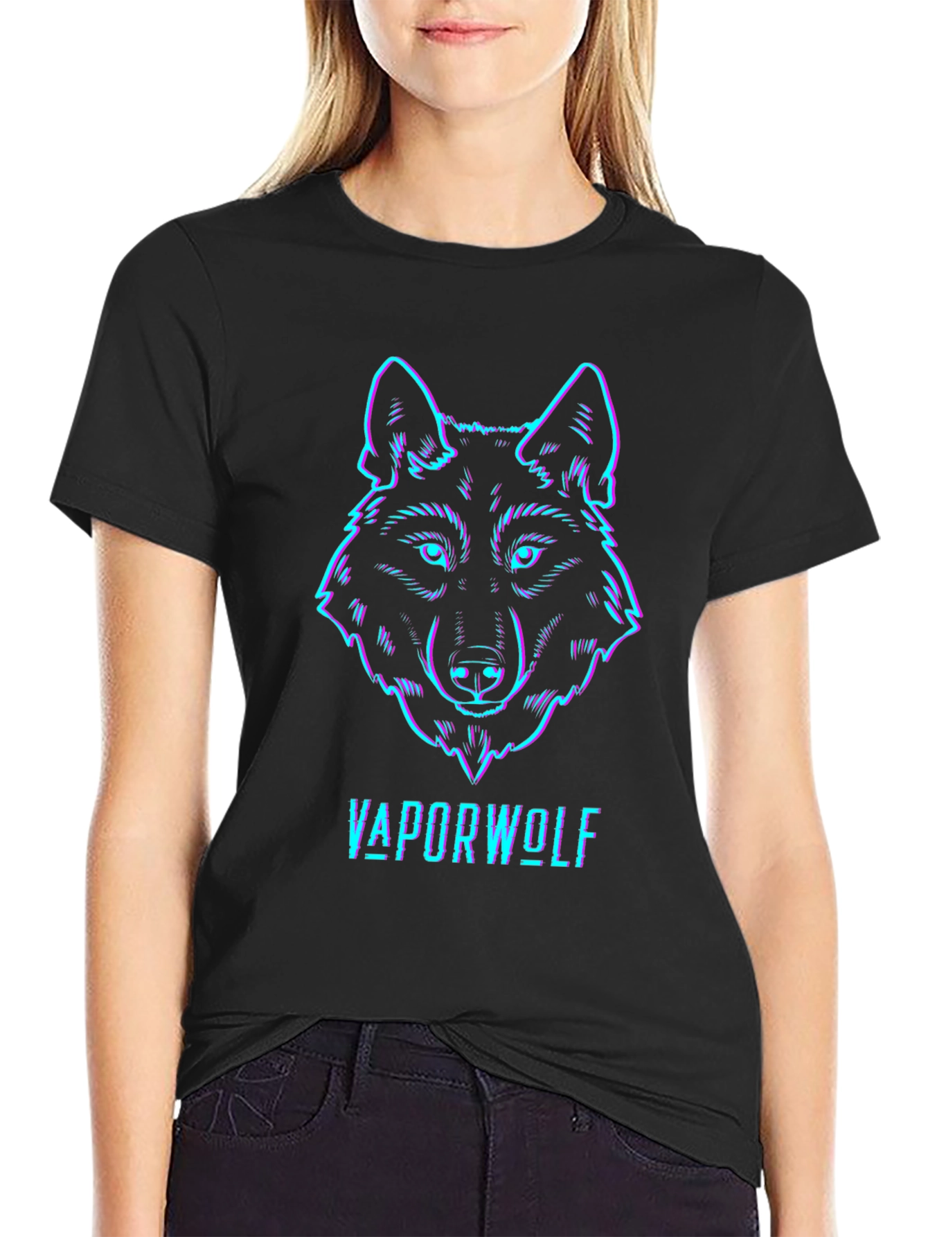 Vaporwave Wolf Graphic Tee - Black Cotton T-Shirt