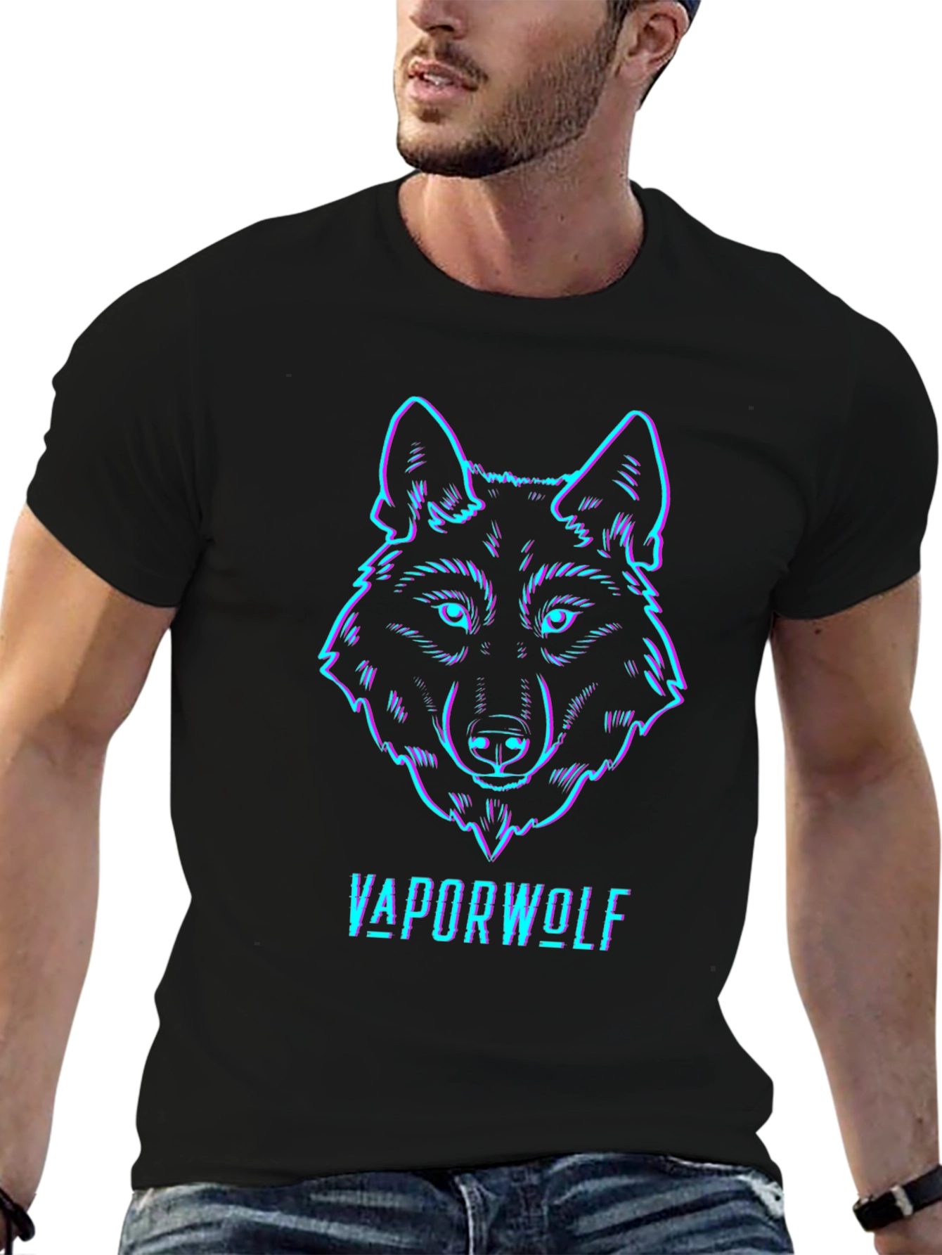 Vaporwave Wolf Graphic Tee - Black Cotton T-Shirt