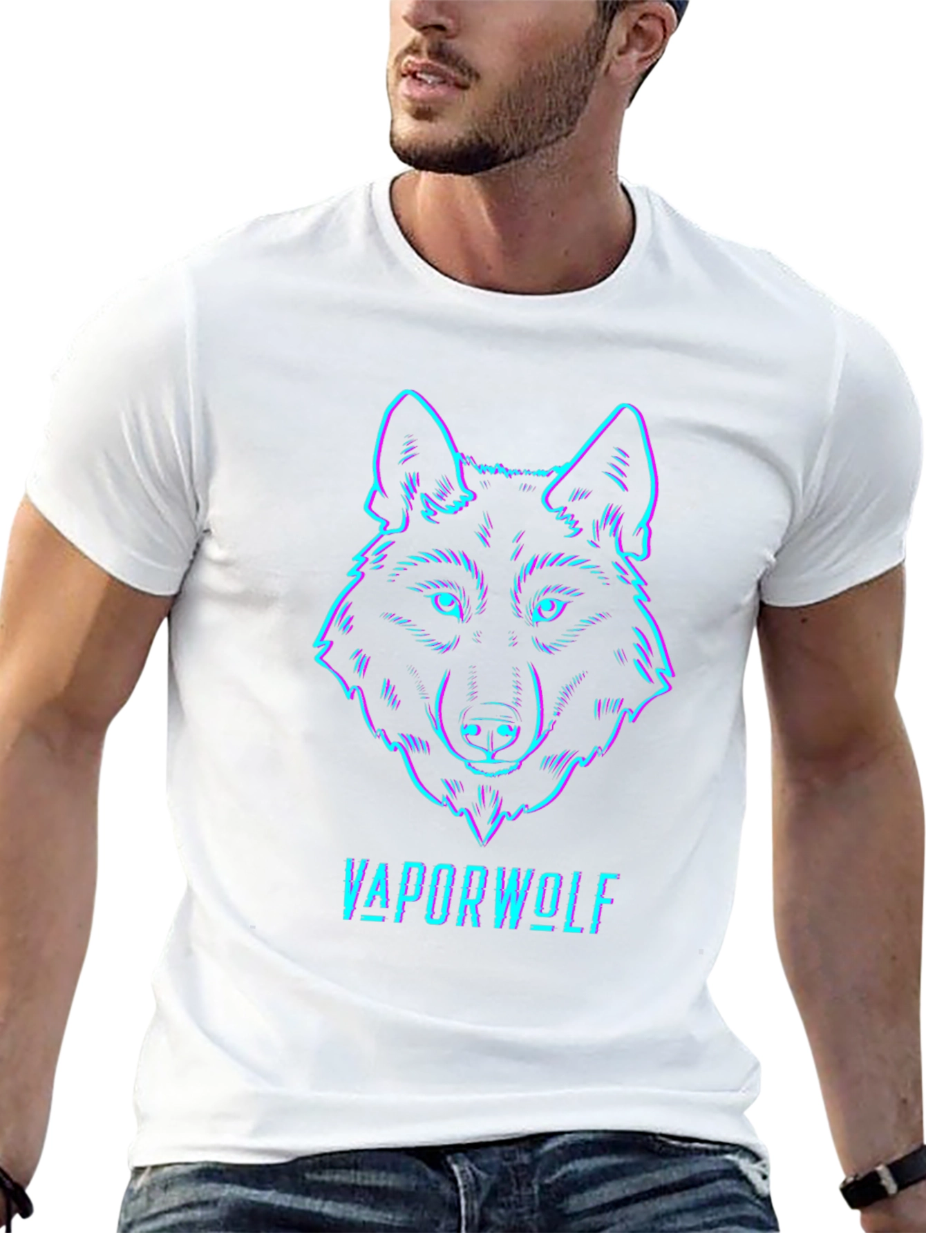 Vaporwave Wolf Graphic Tee - Black Cotton T-Shirt