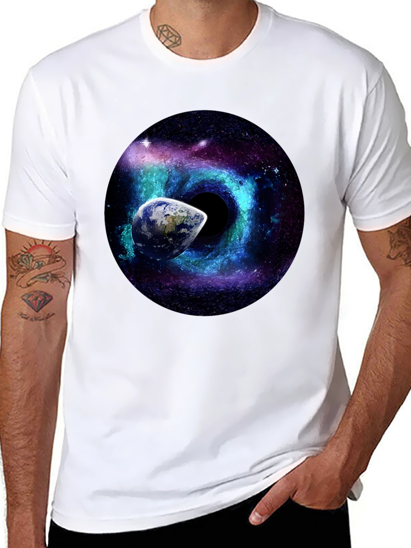 Cosmic Black Hole T-Shirt: Earth & Galaxy Design