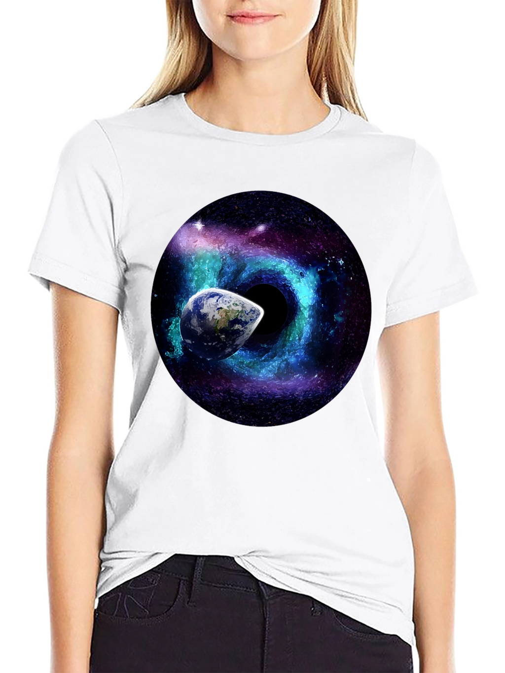 Cosmic Black Hole T-Shirt: Earth & Galaxy Design