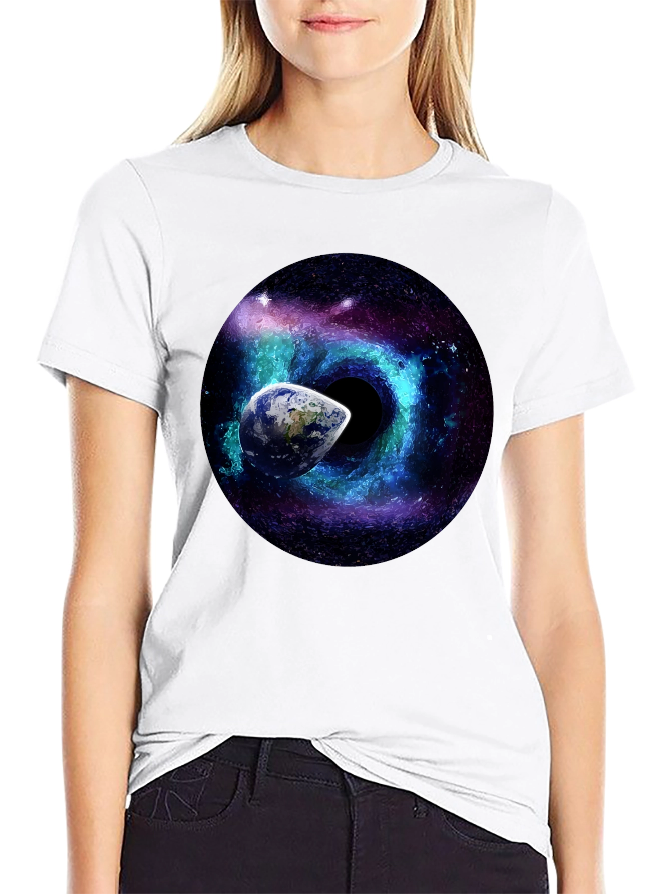 Cosmic Black Hole T-Shirt: Earth & Galaxy Design