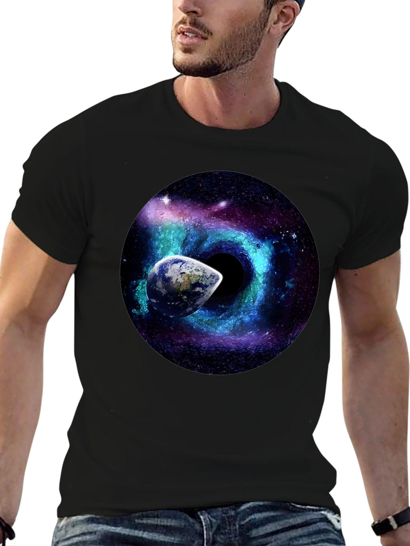Cosmic Black Hole T-Shirt: Earth & Galaxy Design