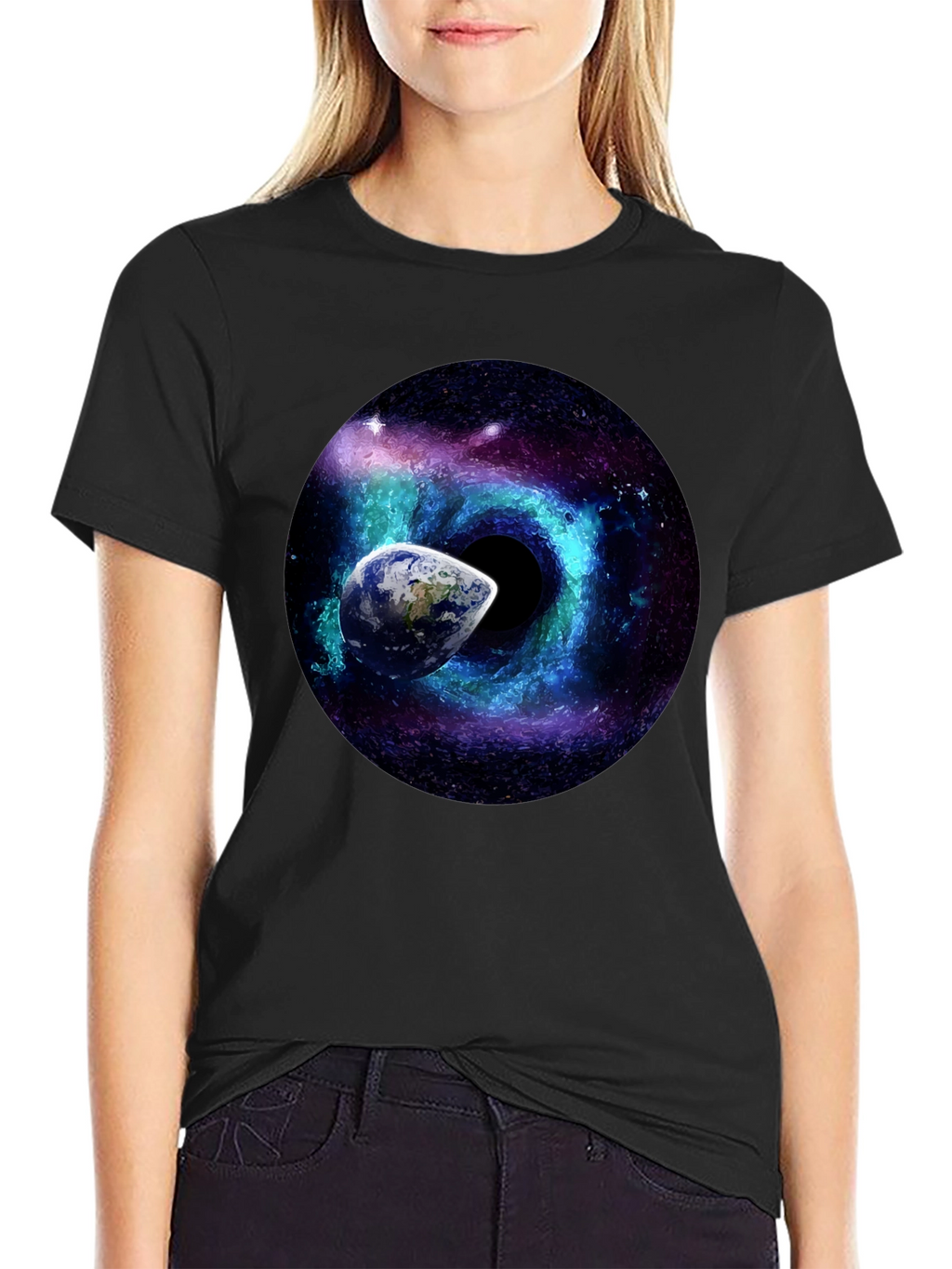Cosmic Black Hole T-Shirt: Earth & Galaxy Design