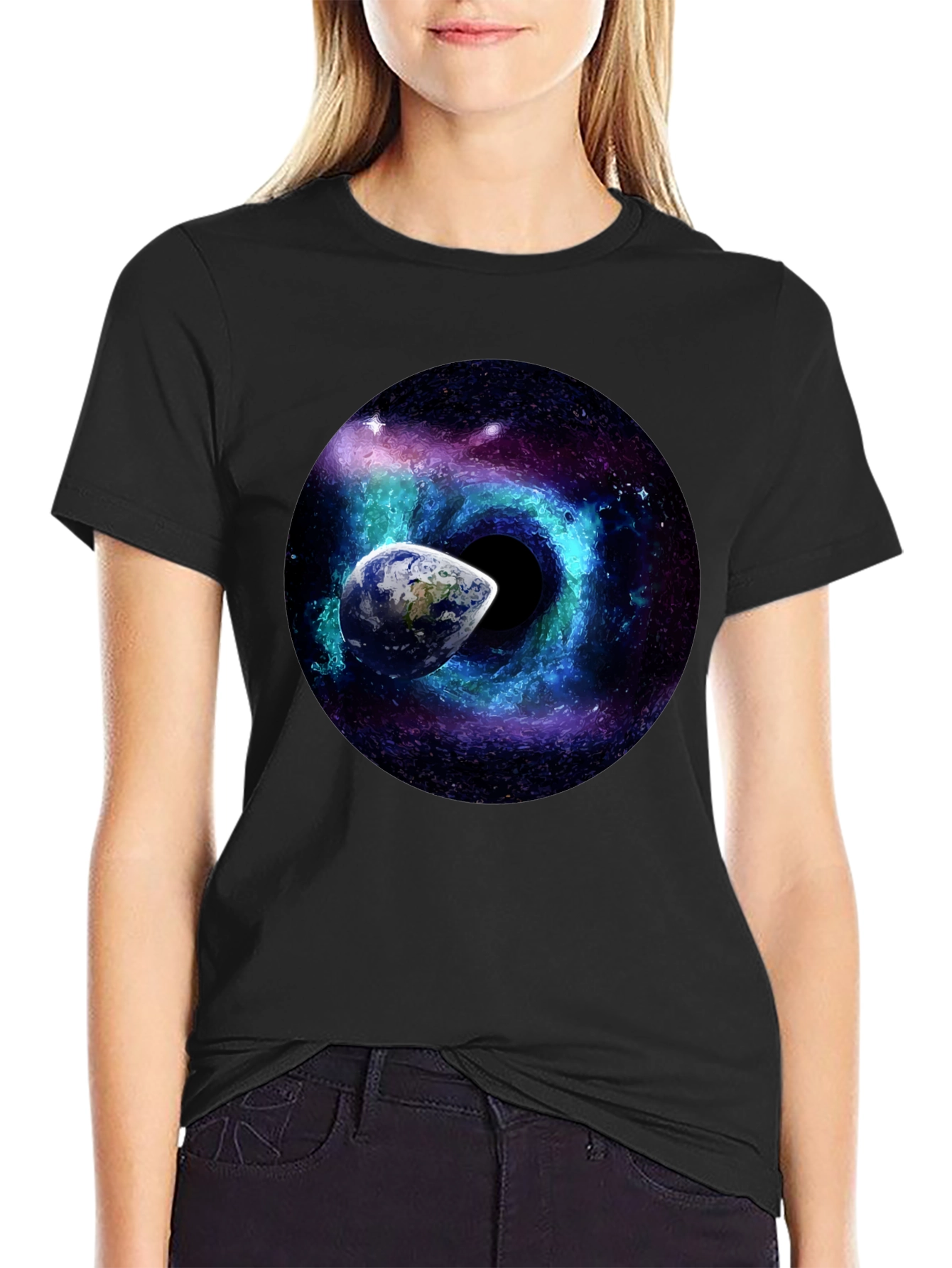 Cosmic Black Hole T-Shirt: Earth & Galaxy Design