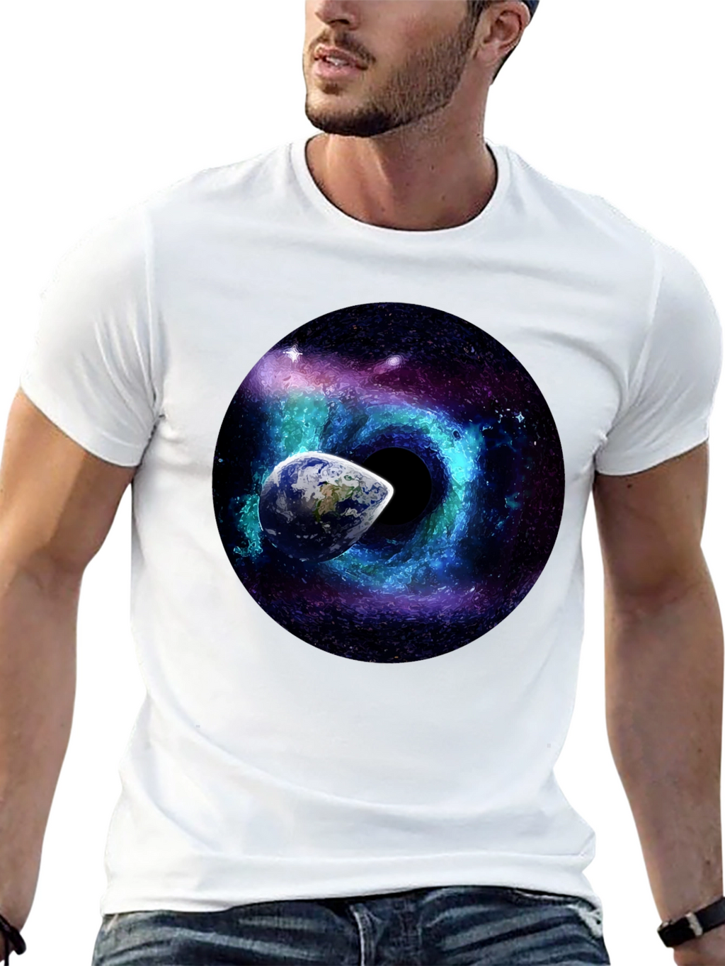 Cosmic Black Hole T-Shirt: Earth & Galaxy Design