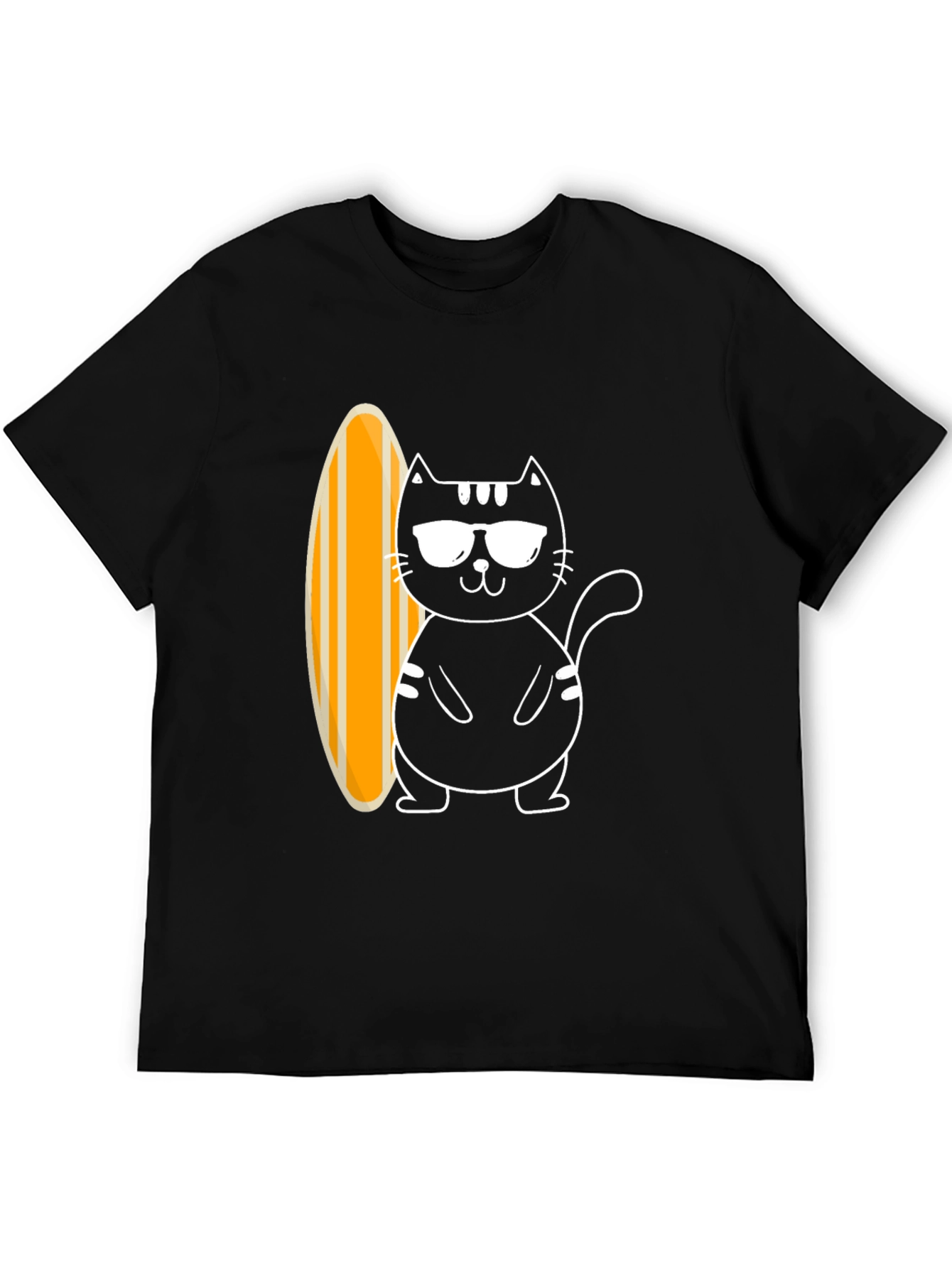 Cool Cat Surfboard Graphic Tee - Black Cotton T-Shirt