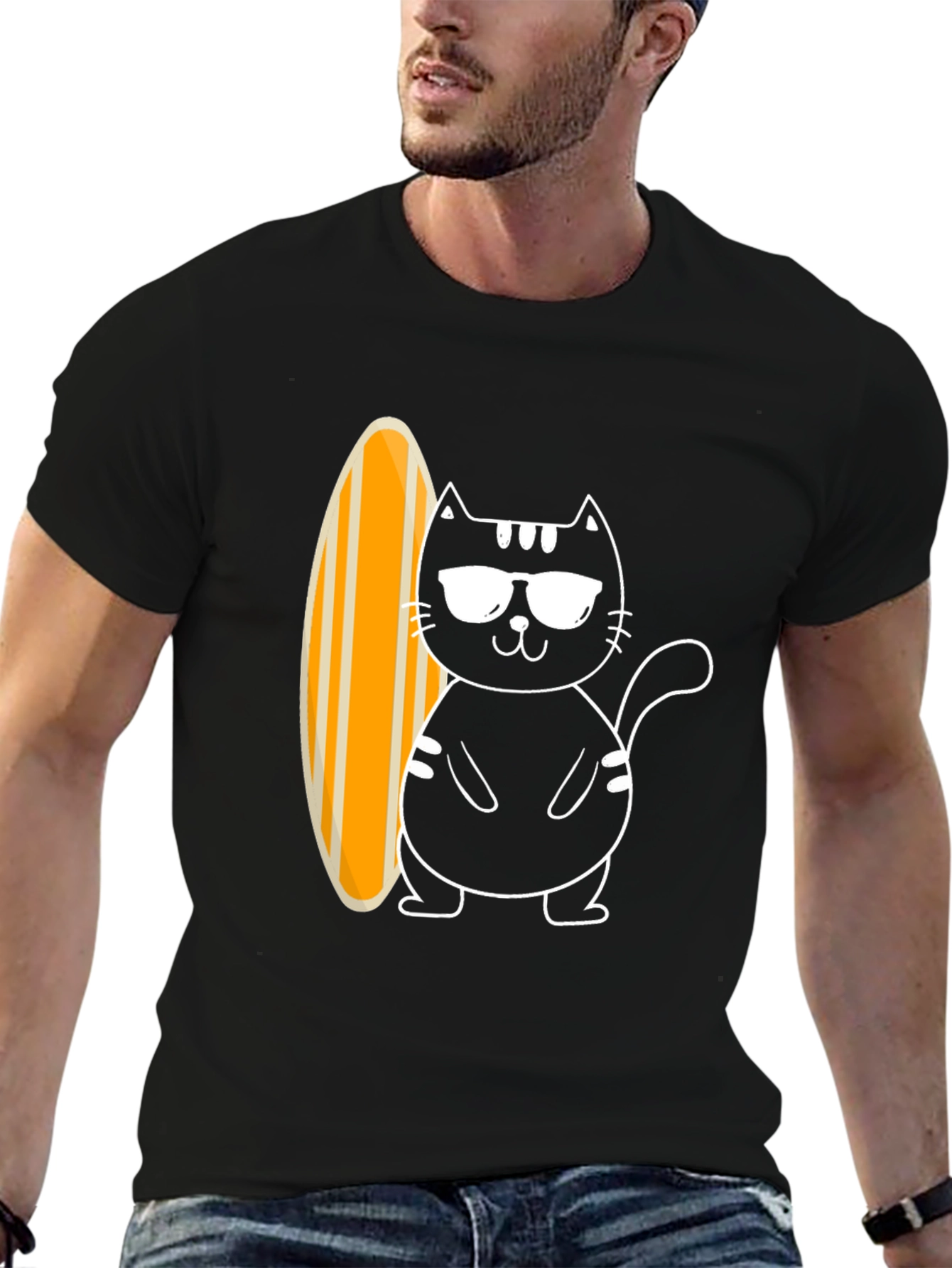Cool Cat Surfboard Graphic Tee - Black Cotton T-Shirt