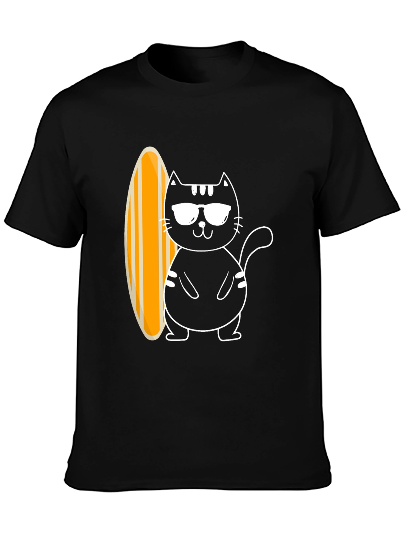 Cool Cat Surfboard Graphic Tee - Black Cotton T-Shirt