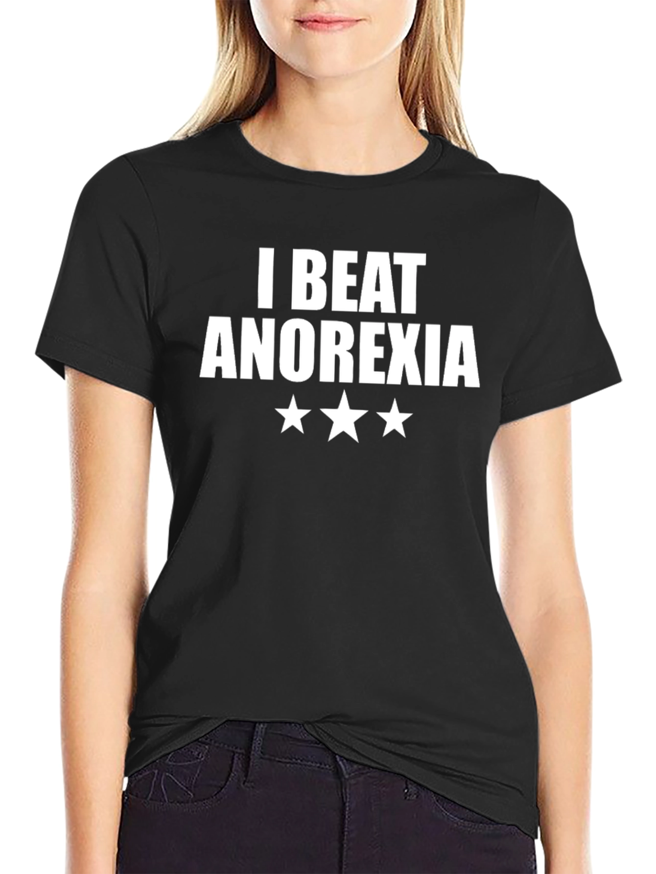 I Beat Anorexia T-Shirt Black Crew Neck Graphic Tee