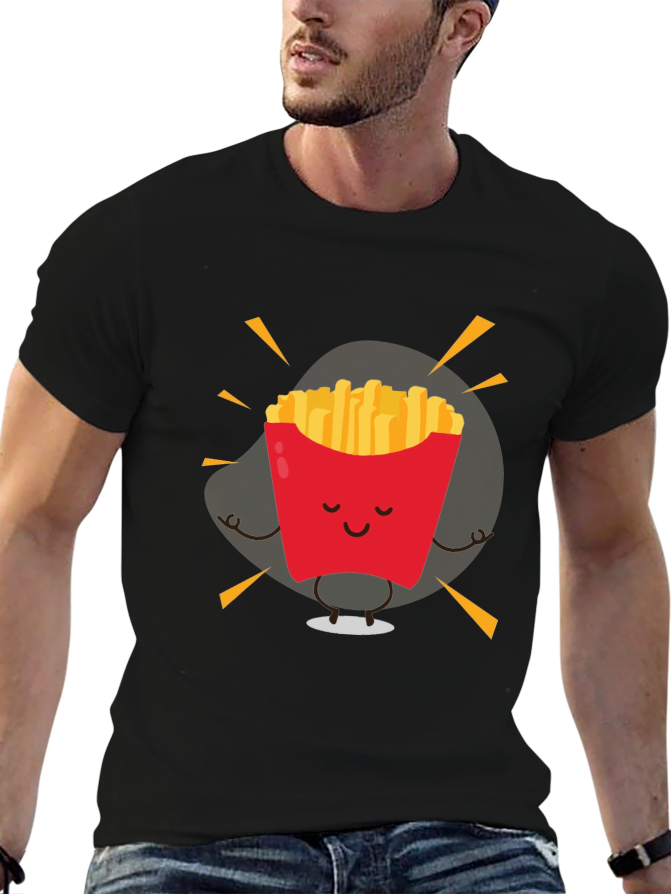 Meditating French Fries Graphic Tee - Black Cotton T-Shirt