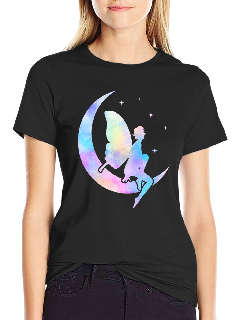 Whimsical Fairy Moon Graphic T-Shirt - Black