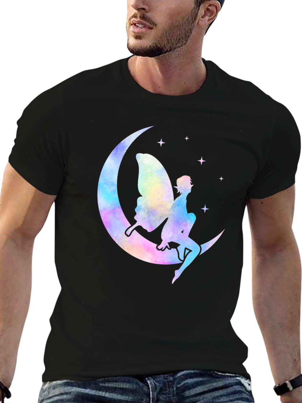 Whimsical Fairy Moon Graphic T-Shirt - Black