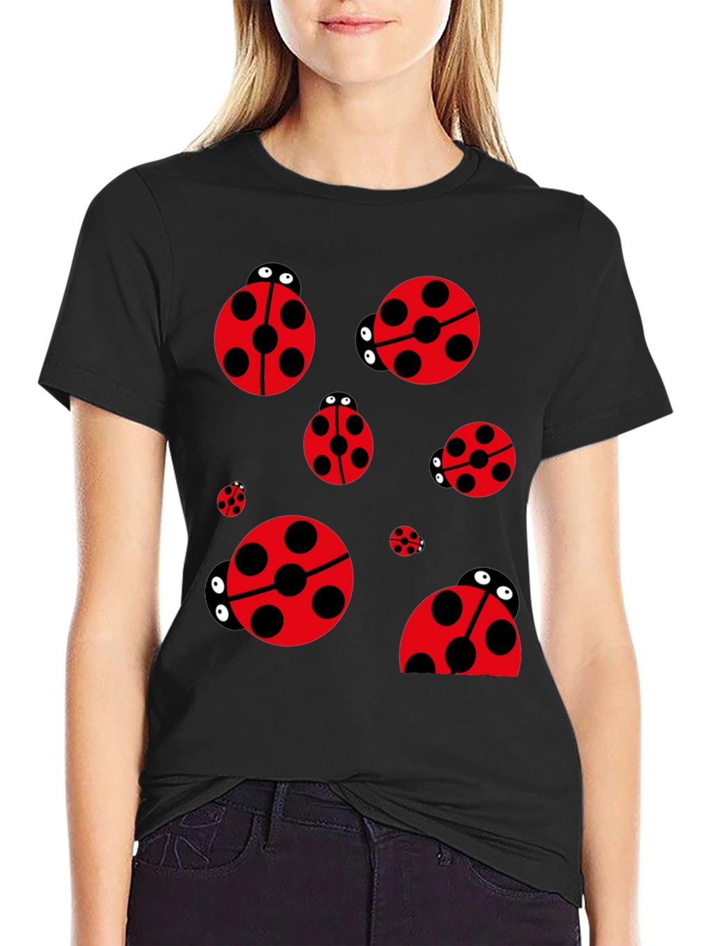 Ladybug Print Black T-Shirt