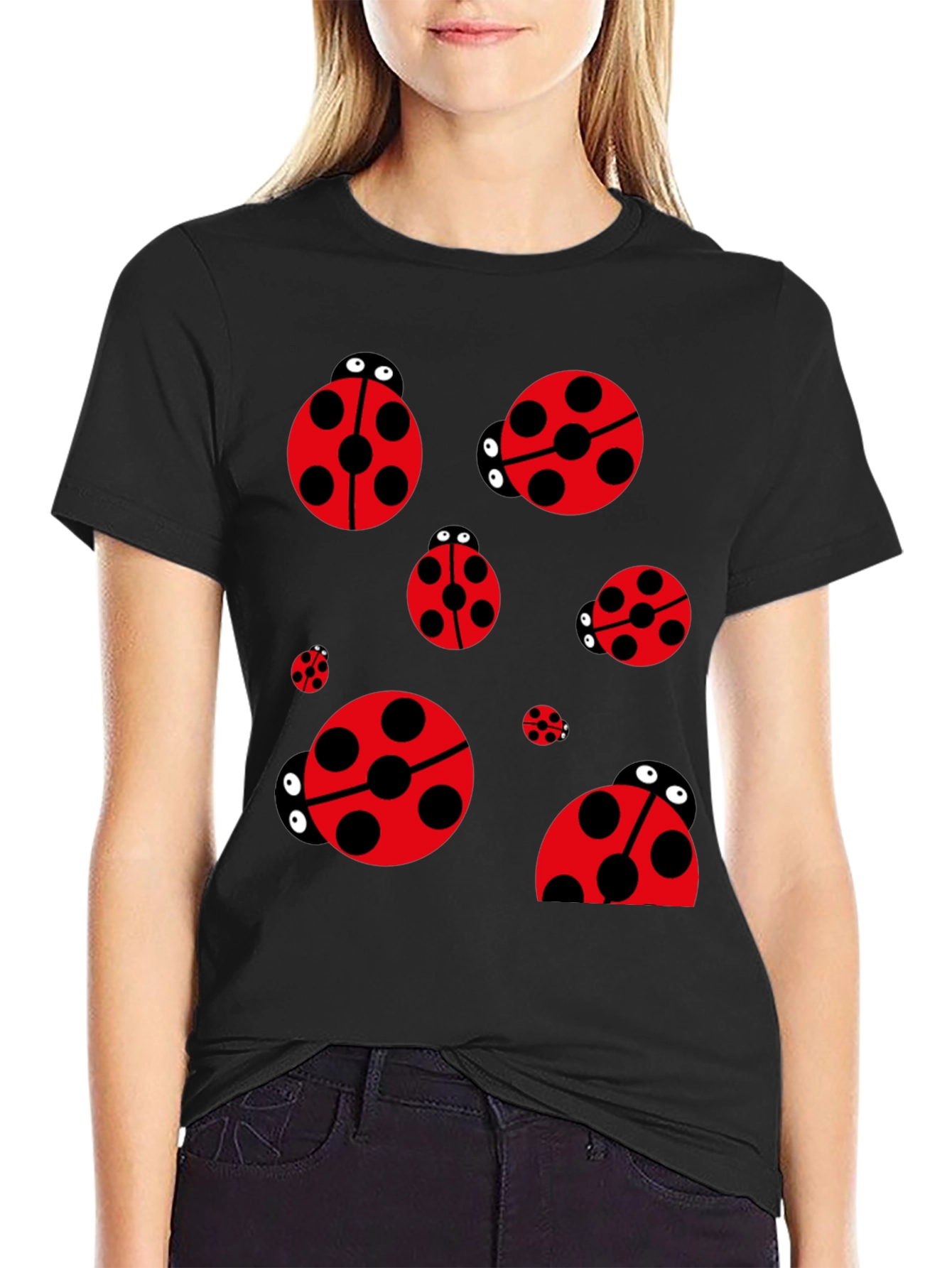 Ladybug Print Black T-Shirt