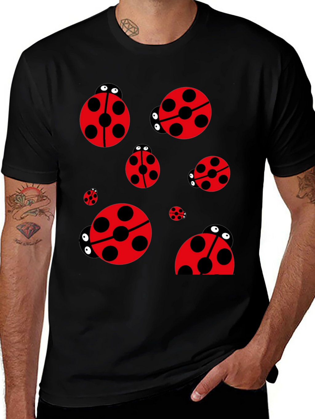 Ladybug Print Black T-Shirt