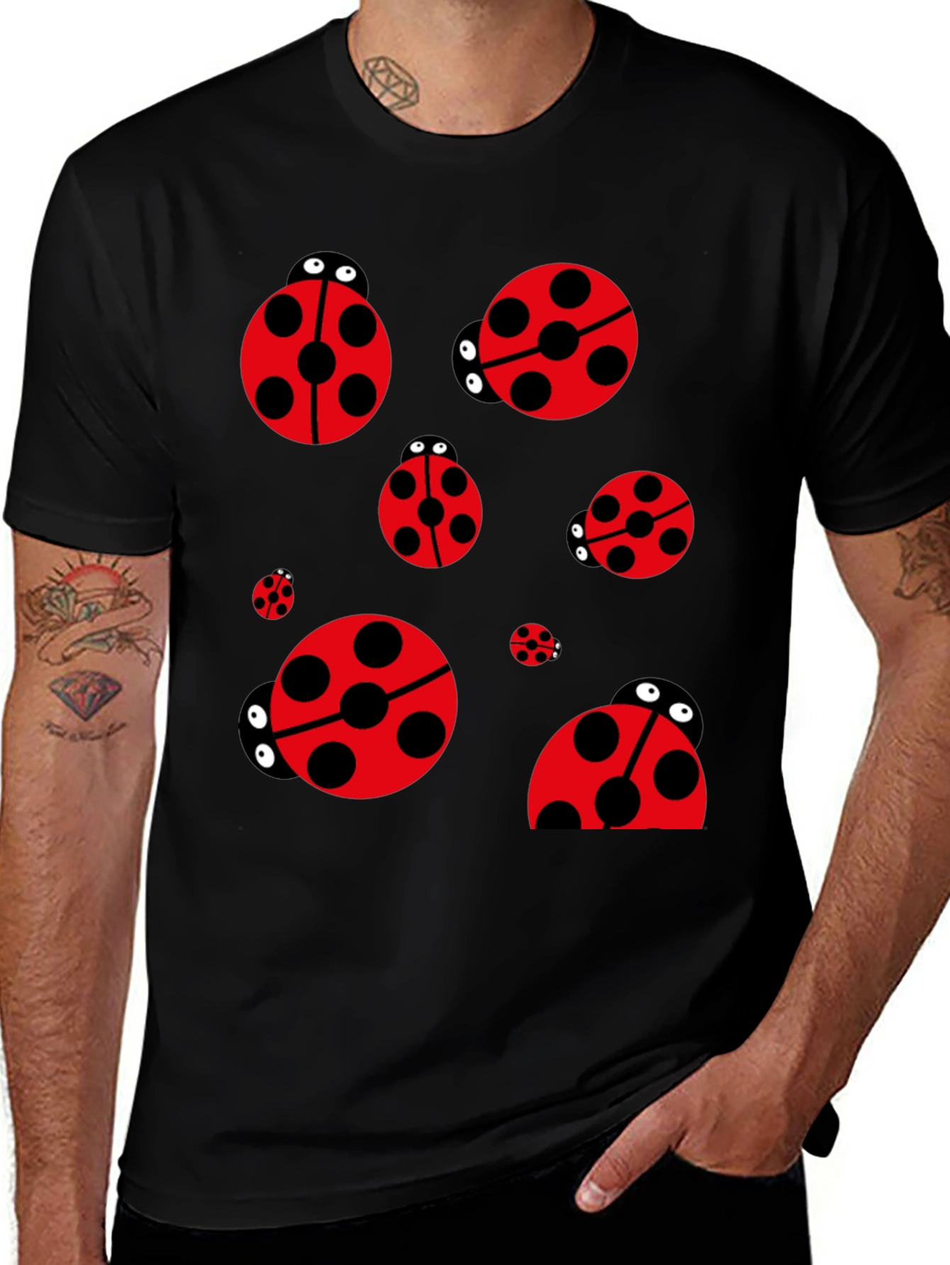Ladybug Print Black T-Shirt