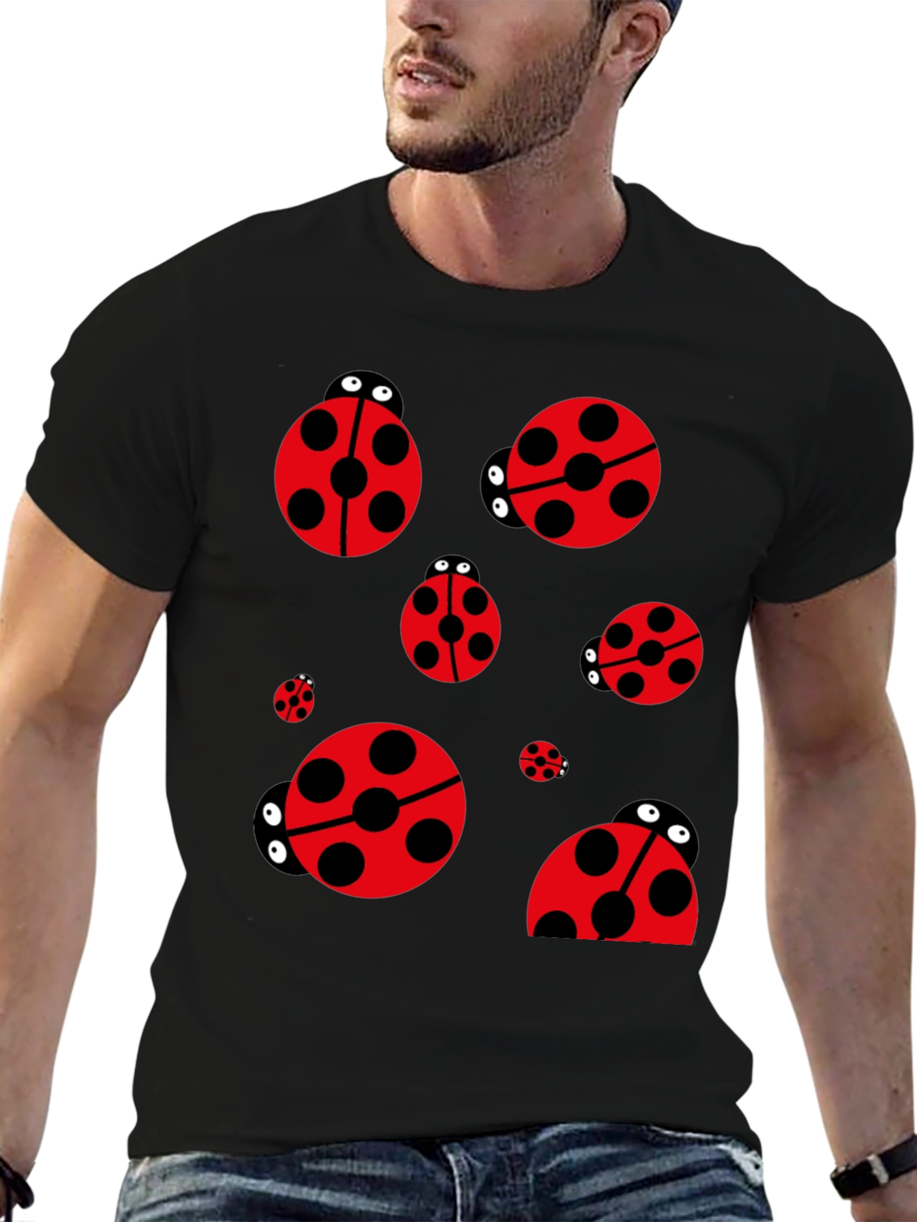 Ladybug Print Black T-Shirt