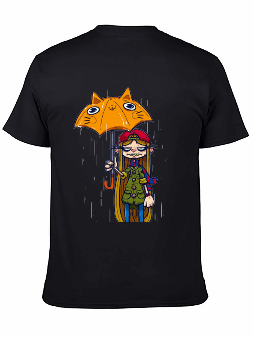 Black Tee with Cat Umbrella Girl Print