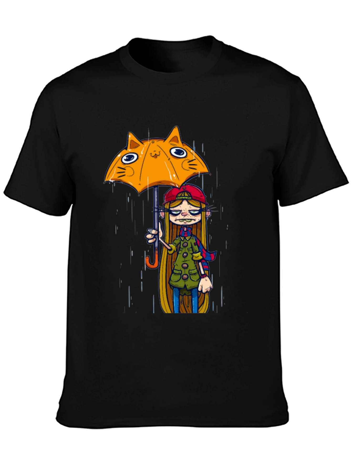 Black Tee with Cat Umbrella Girl Print