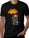 Black Tee with Cat Umbrella Girl Print