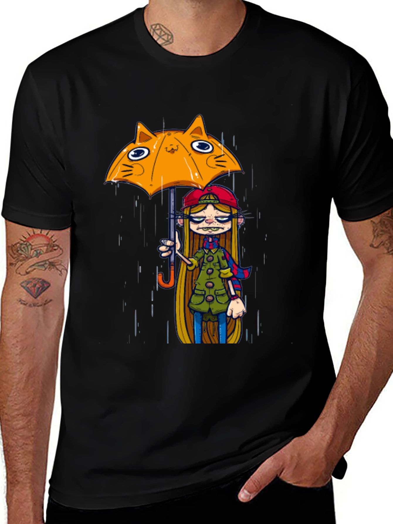 Black Tee with Cat Umbrella Girl Print
