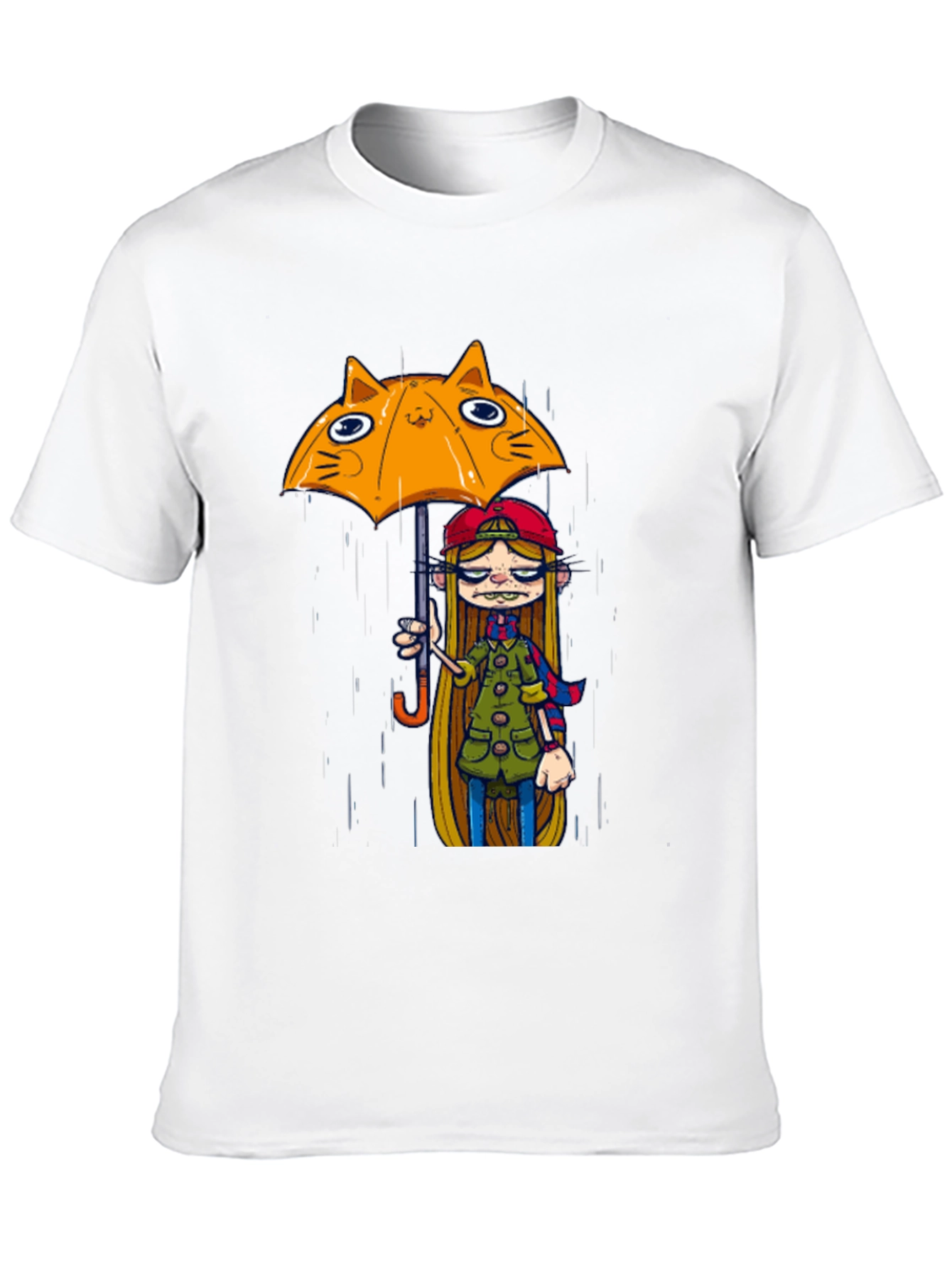 Black Tee with Cat Umbrella Girl Print