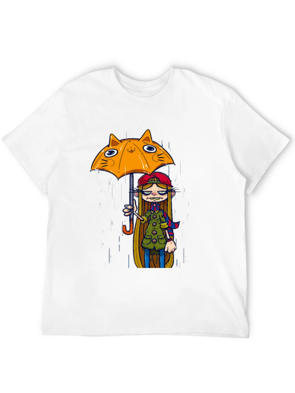 Black Tee with Cat Umbrella Girl Print