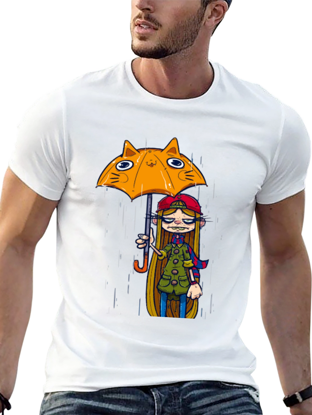Black Tee with Cat Umbrella Girl Print