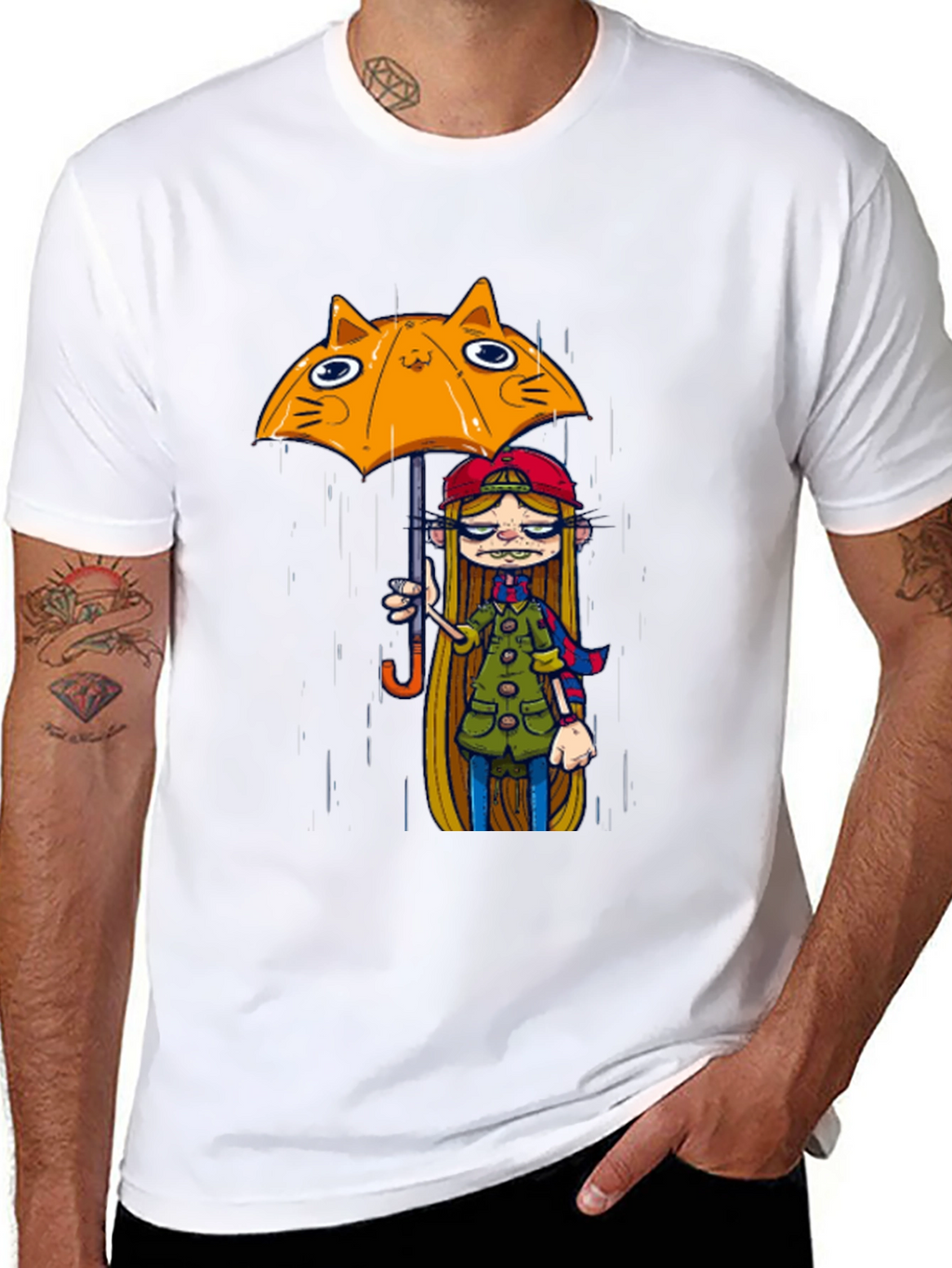 Black Tee with Cat Umbrella Girl Print