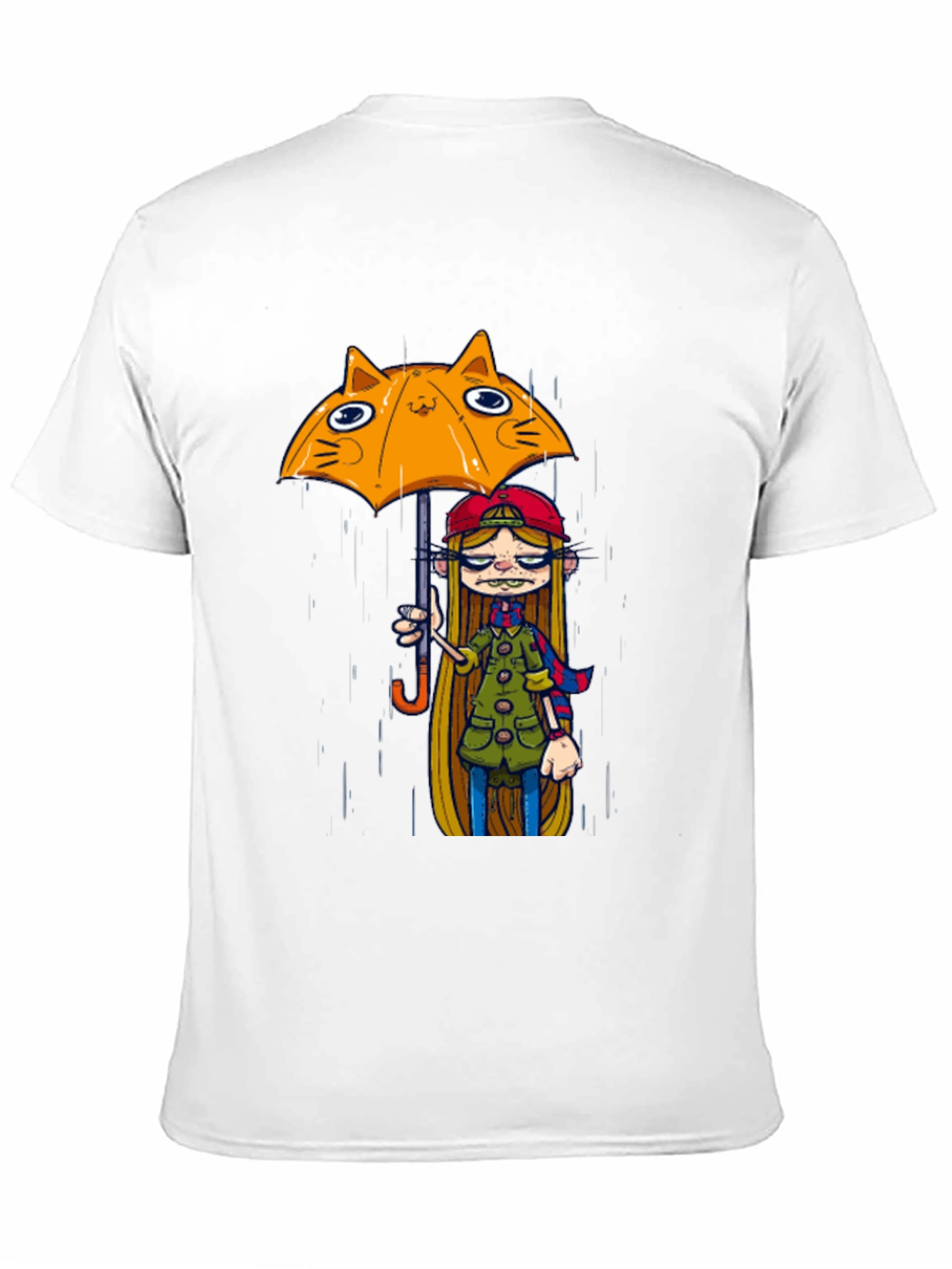 Black Tee with Cat Umbrella Girl Print
