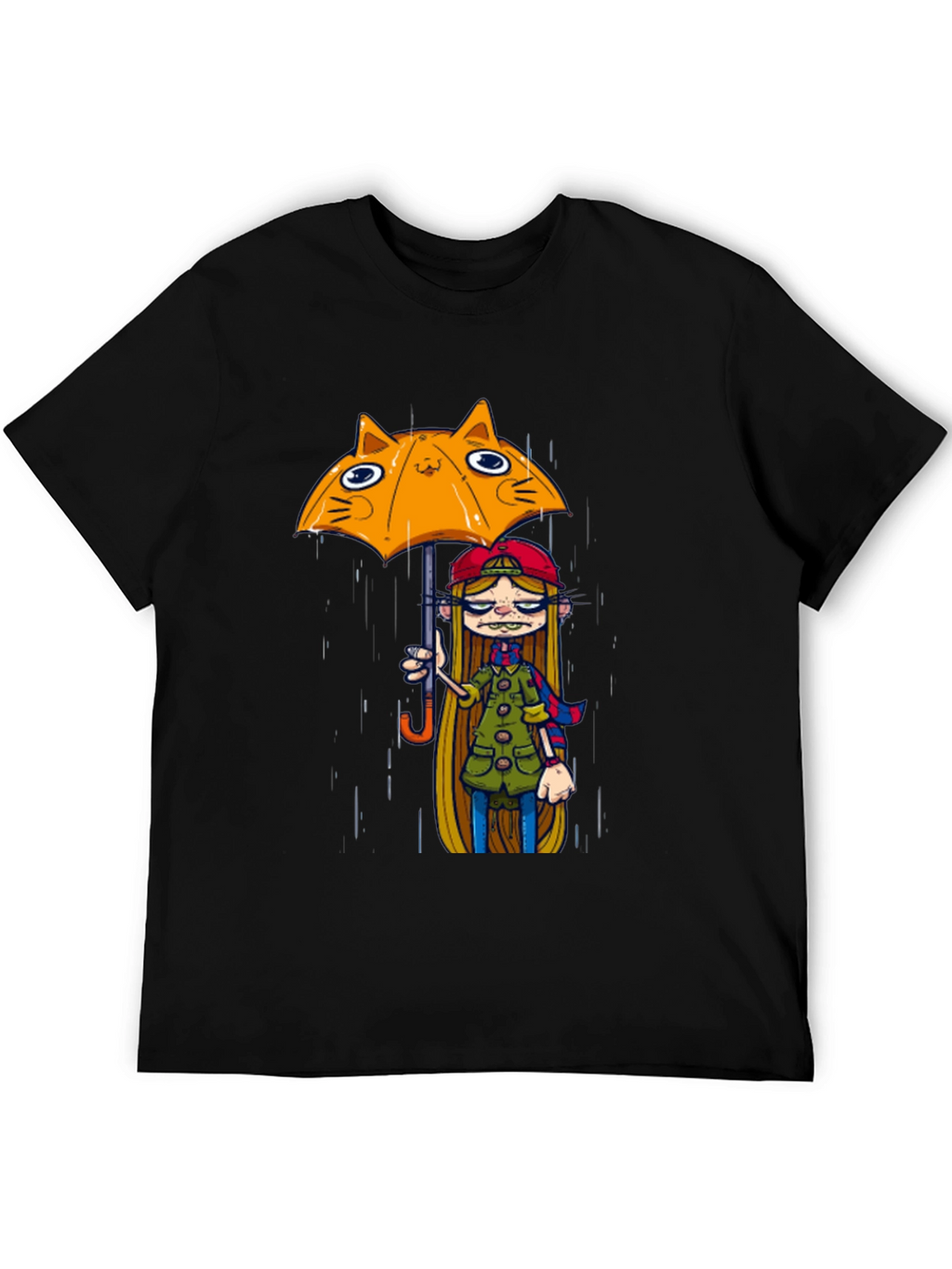 Black Tee with Cat Umbrella Girl Print