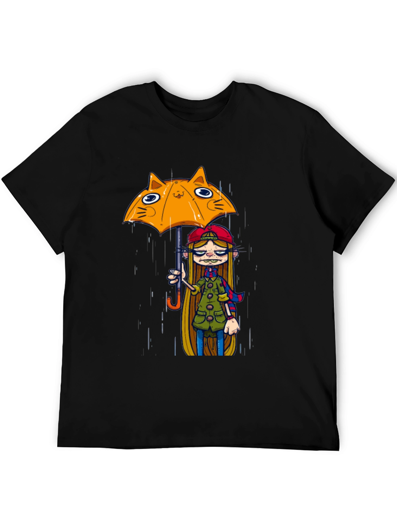 Black Tee with Cat Umbrella Girl Print