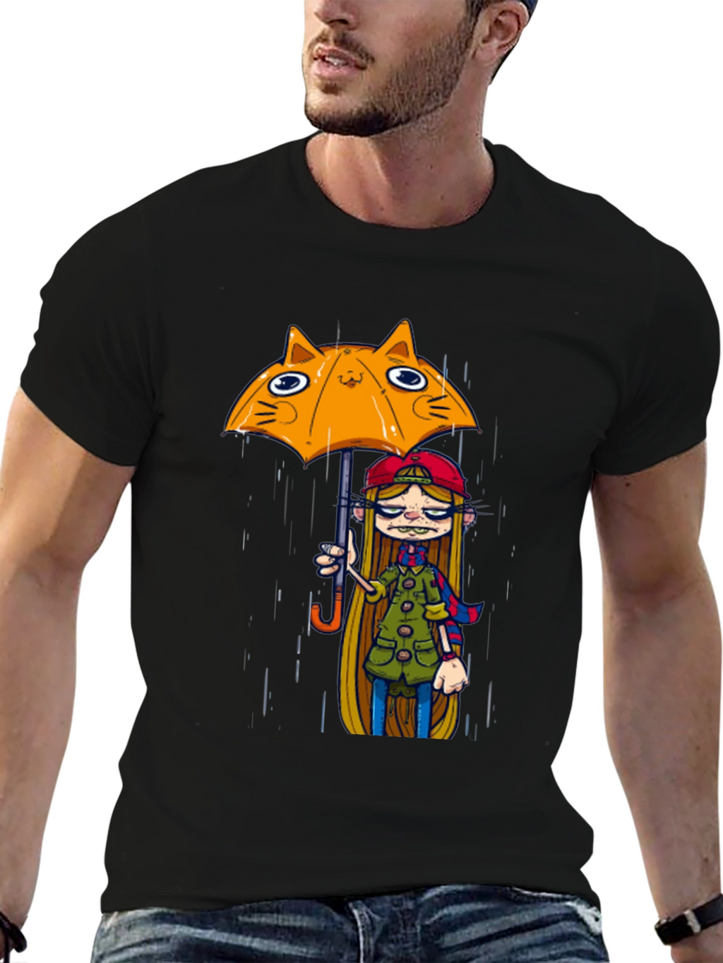 Black Tee with Cat Umbrella Girl Print