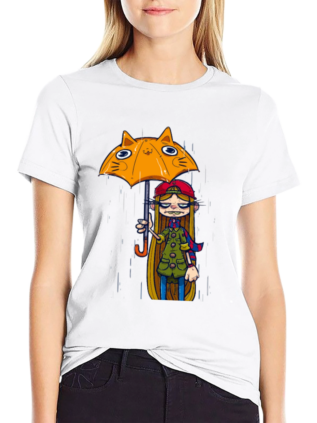 Black Tee with Cat Umbrella Girl Print