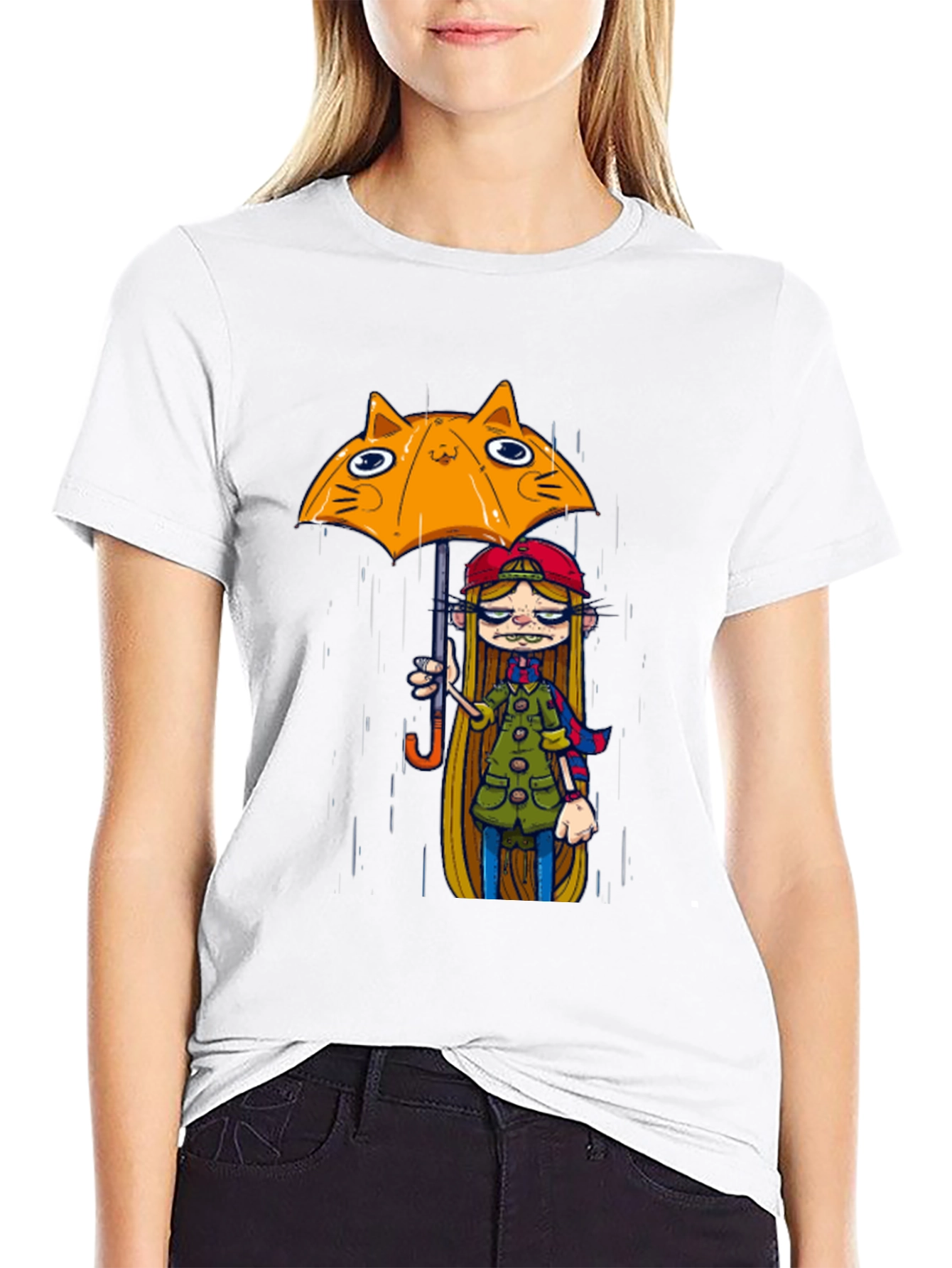 Black Tee with Cat Umbrella Girl Print