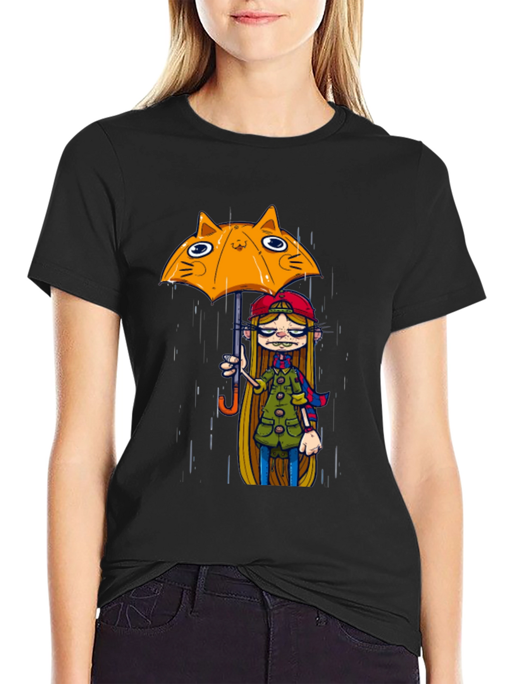 Black Tee with Cat Umbrella Girl Print