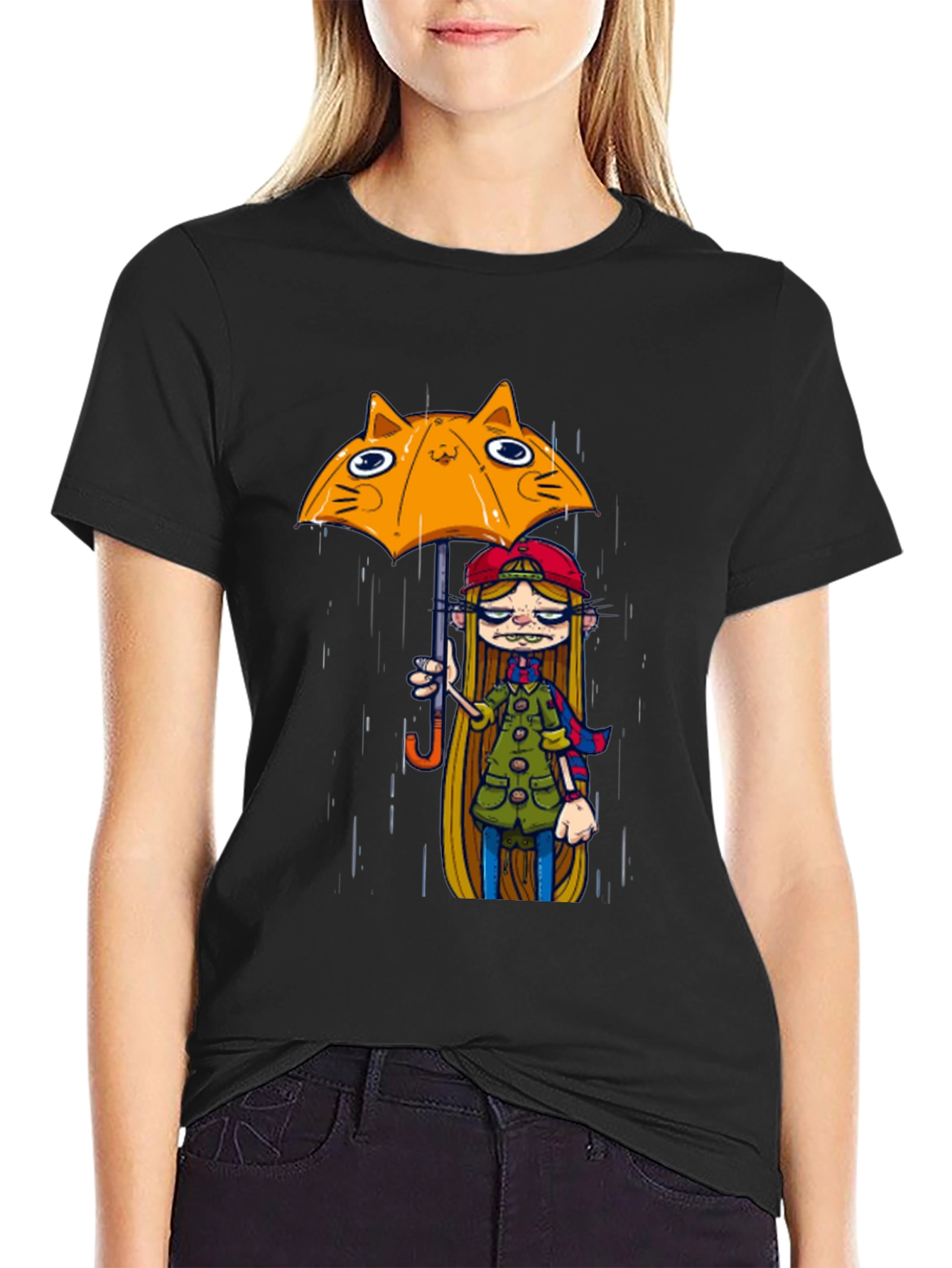 Black Tee with Cat Umbrella Girl Print