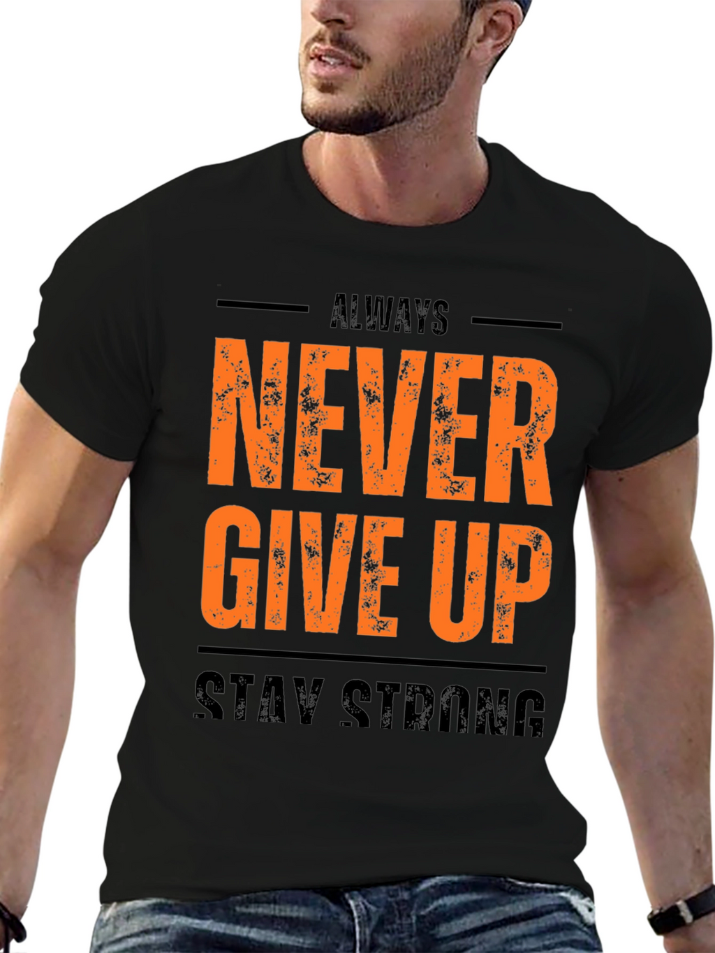 Inspirational Black T-Shirt: Never Give Up