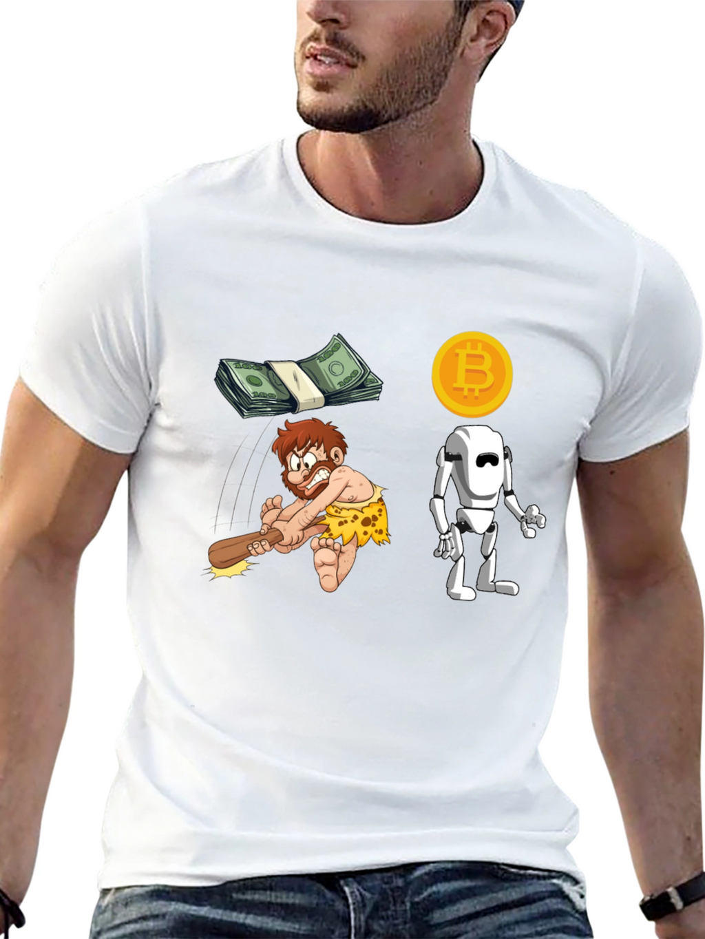 Bitcoin Evolution T-Shirt - Modern Tech Meets Stone Age!